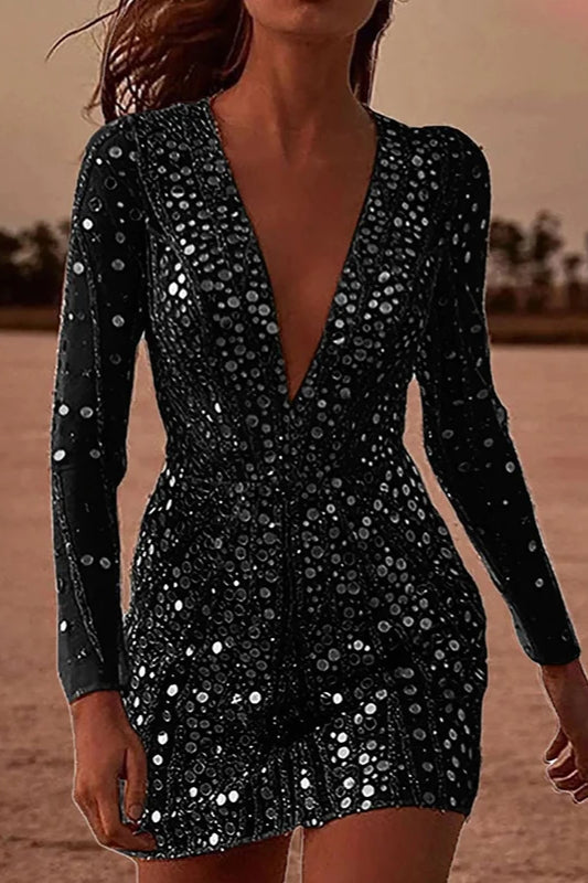 Sexy Deep V Neck Sequin Mini Dress