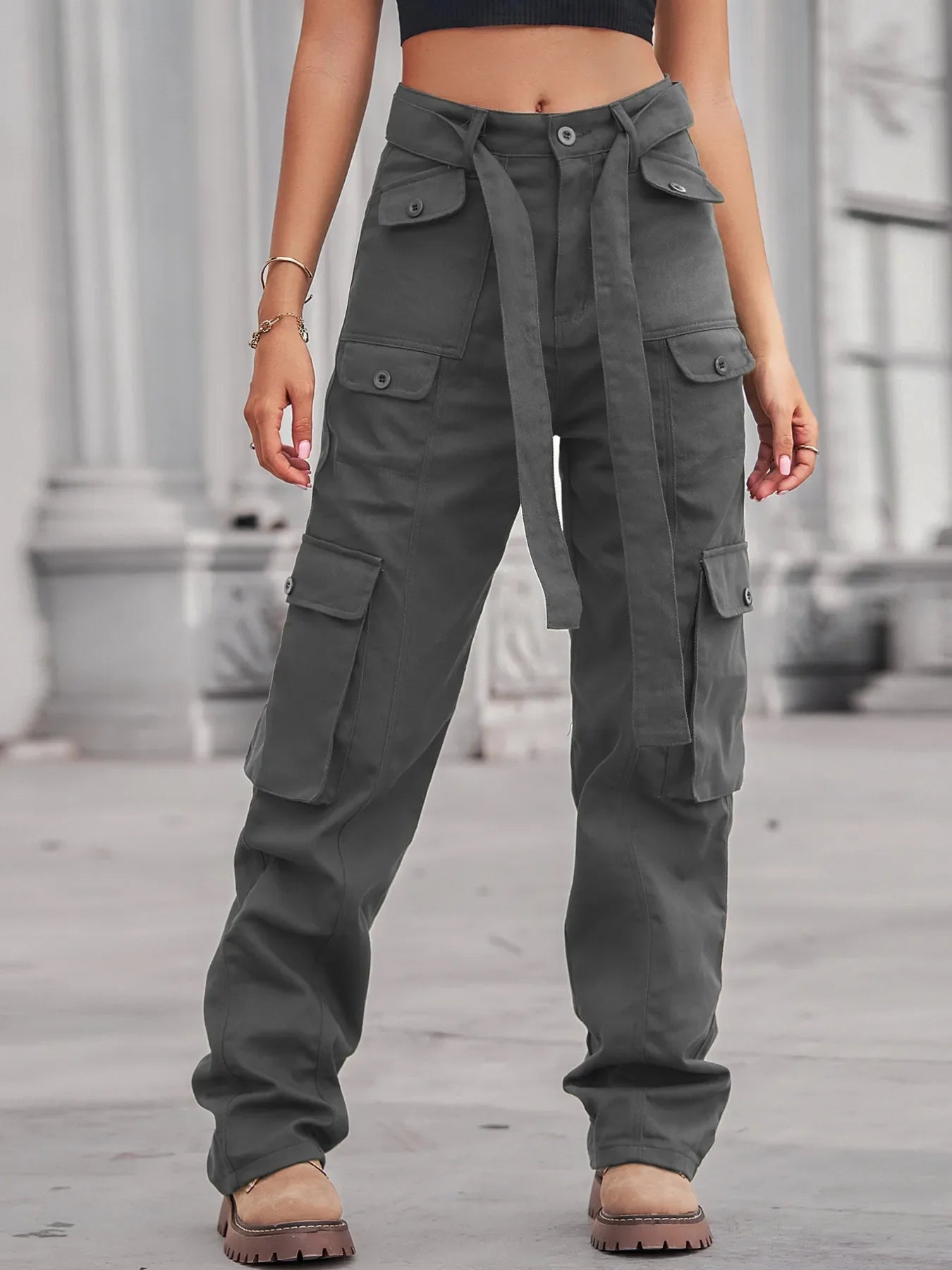 High-Waisted Multi-Pocket Cargo Jeans