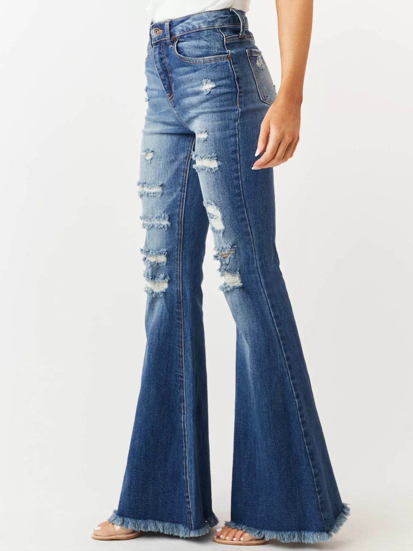 Distressed Raw Hem High-Waisted Flare Jeans