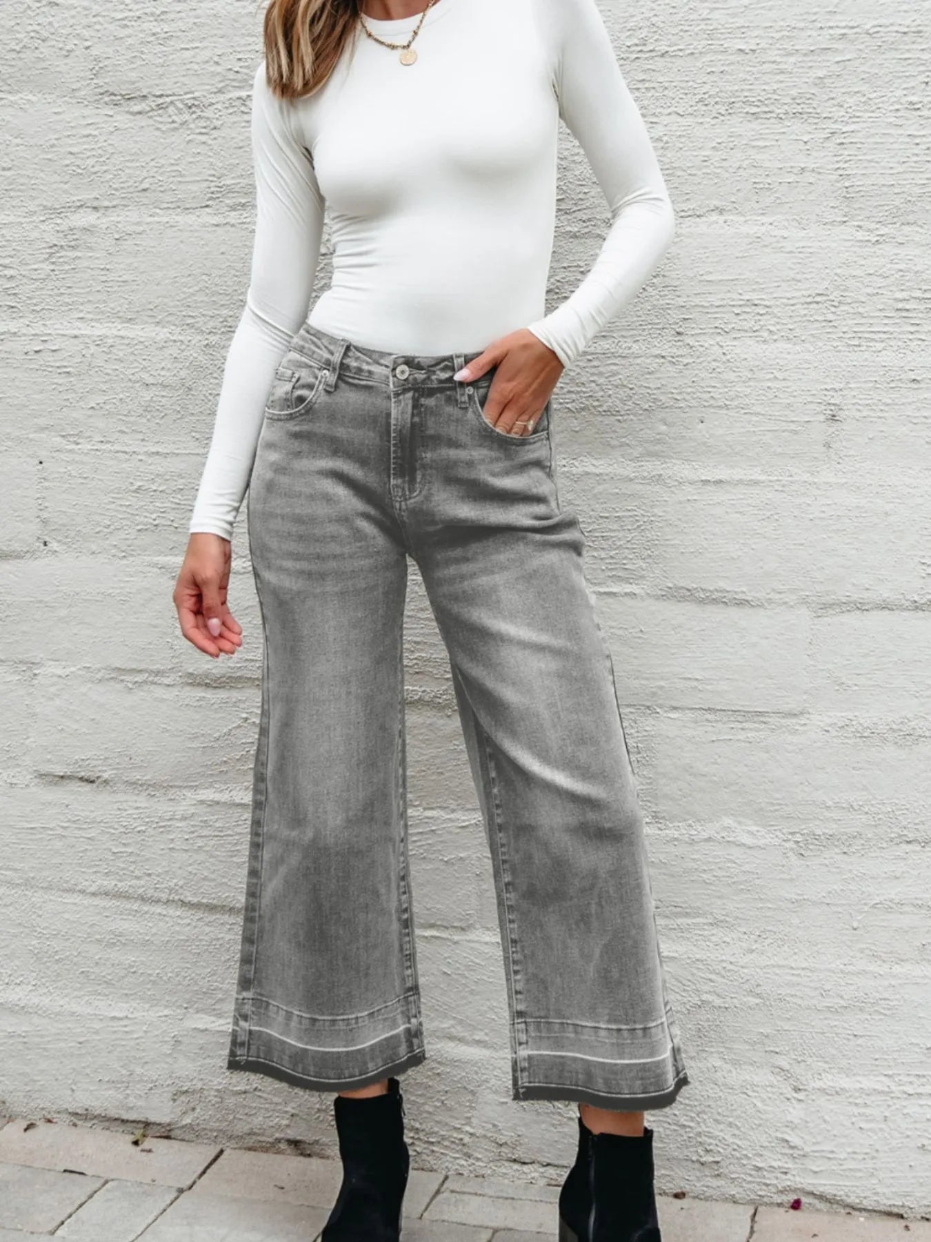 High Waist Wide Leg Washed Jeans