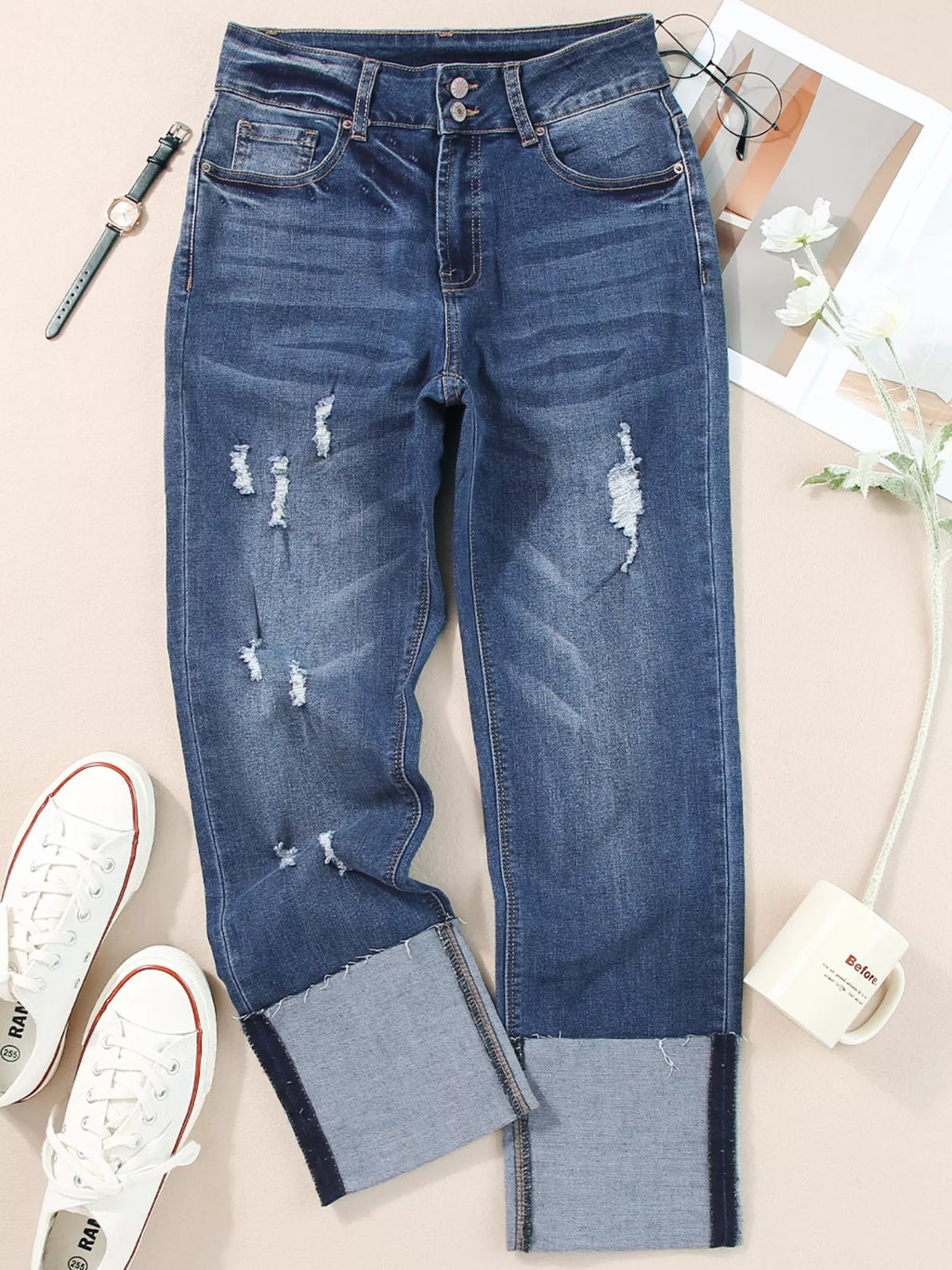 High Waist Distressed Straight Leg Jeans