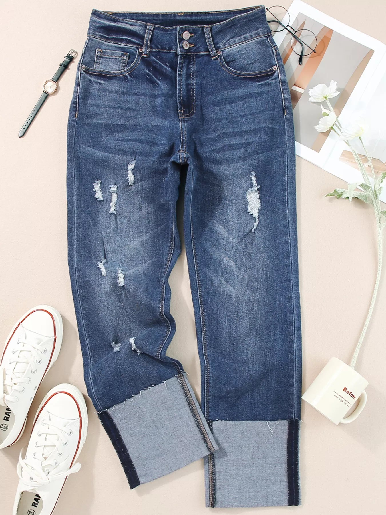 High Waist Distressed Straight Leg Jeans