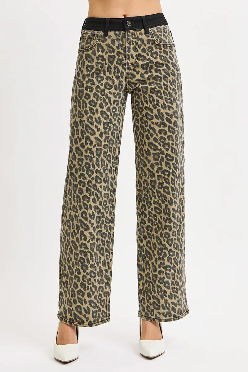 RISEN High Rise Wide Leg Leopard Printed Jeans with Contrast Waist Band Detail