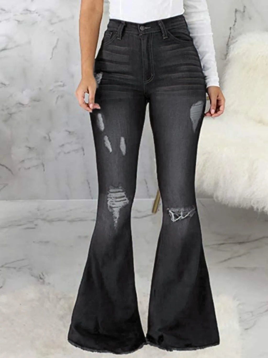 Full Size Distressed Raw Hem Flare Jeans Plus Size