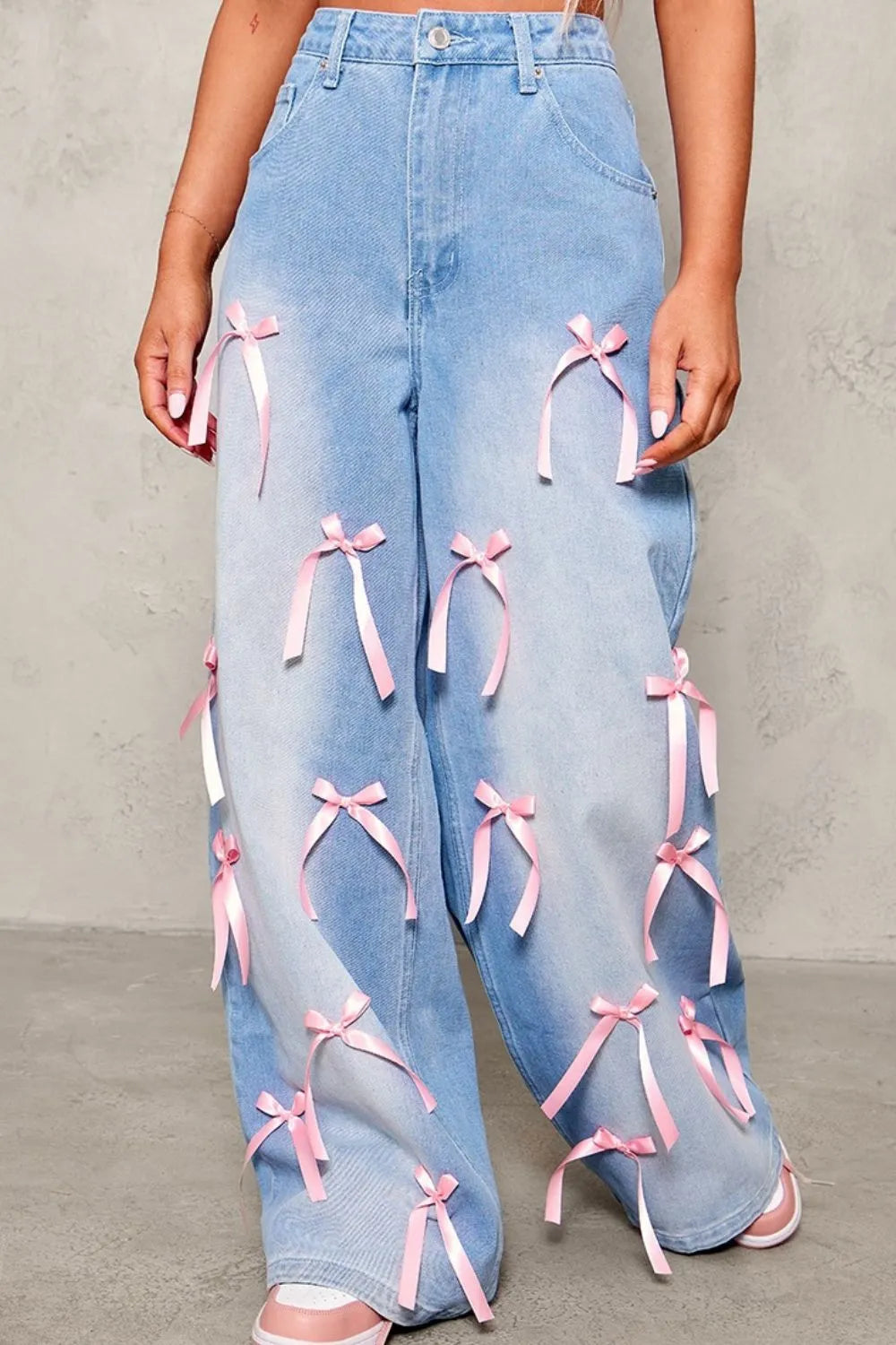 Bow Decorated Wide Leg Denim Jeans