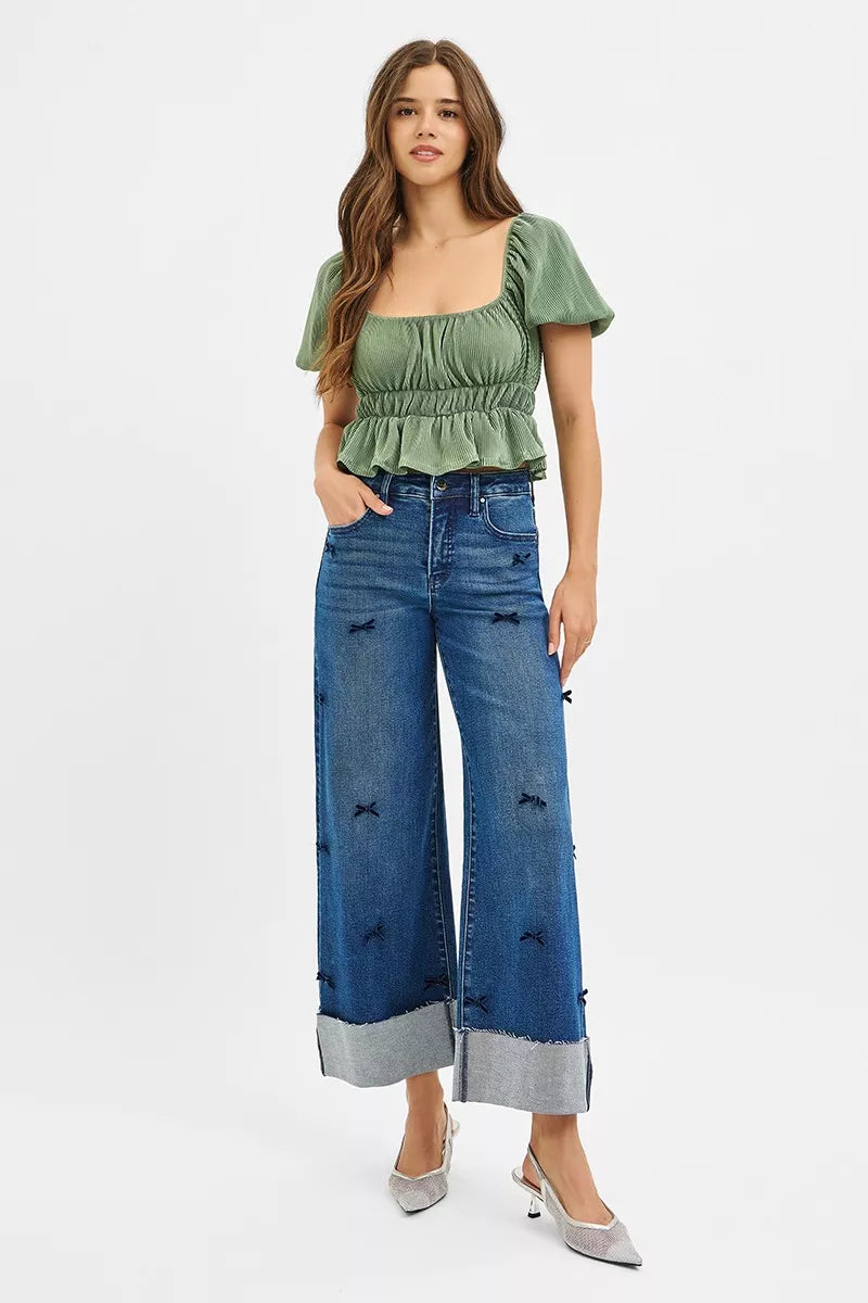 RISEN High Rise Crop Wide Leg Ribbon Detail Jeans
