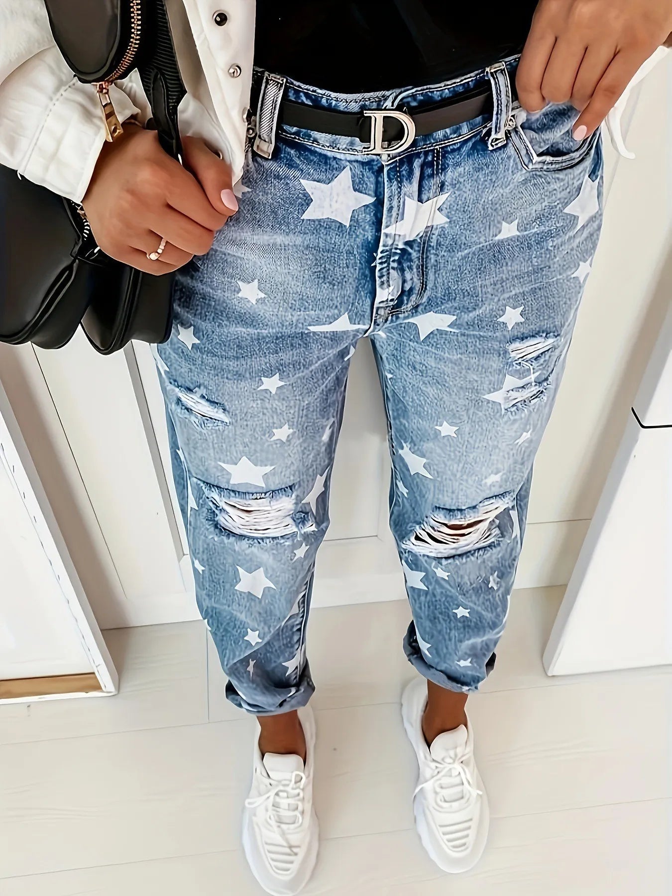 Star Print Distressed High Waist Boyfriend Jeans