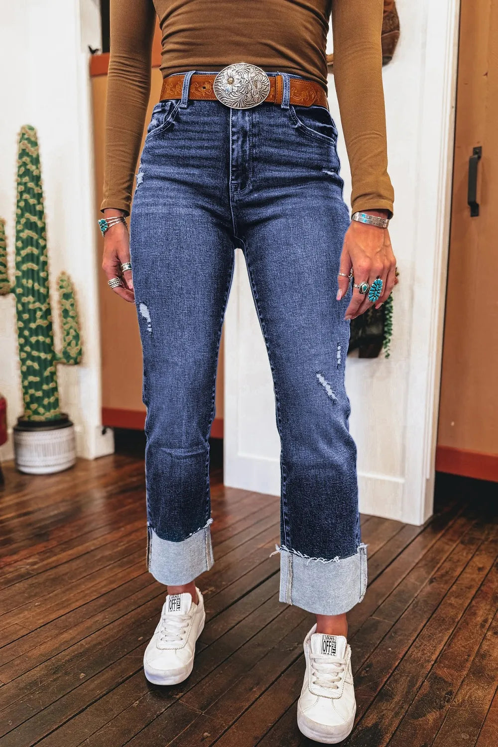 Folded Cuffs Distressed Straight High Waist Jeans