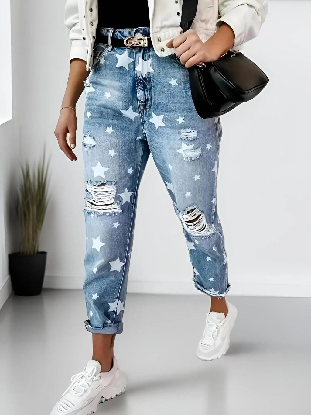 Star Print Distressed High Waist Boyfriend Jeans