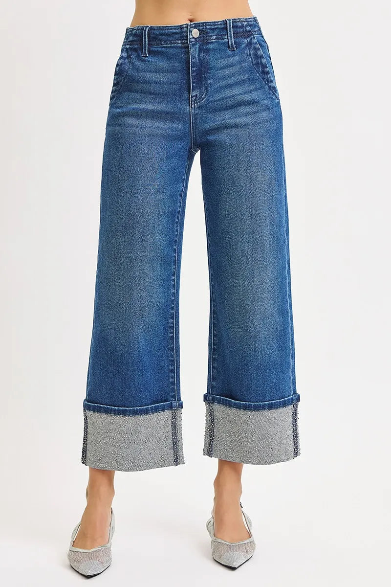 RISEN High Rise Ankle Wide Rhine Stone Cuffed Jeans