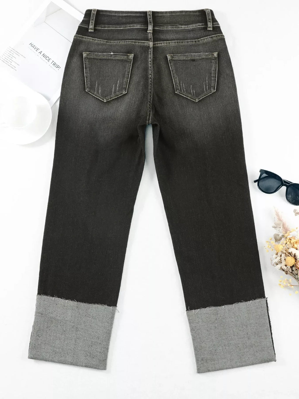 High Waist Distressed Straight Leg Jeans