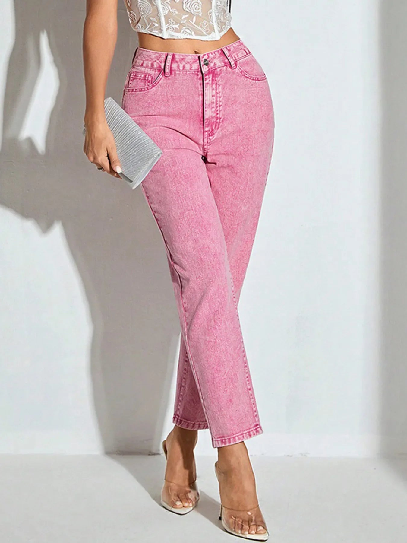 High-Waisted Wash Straight Leg Jeans