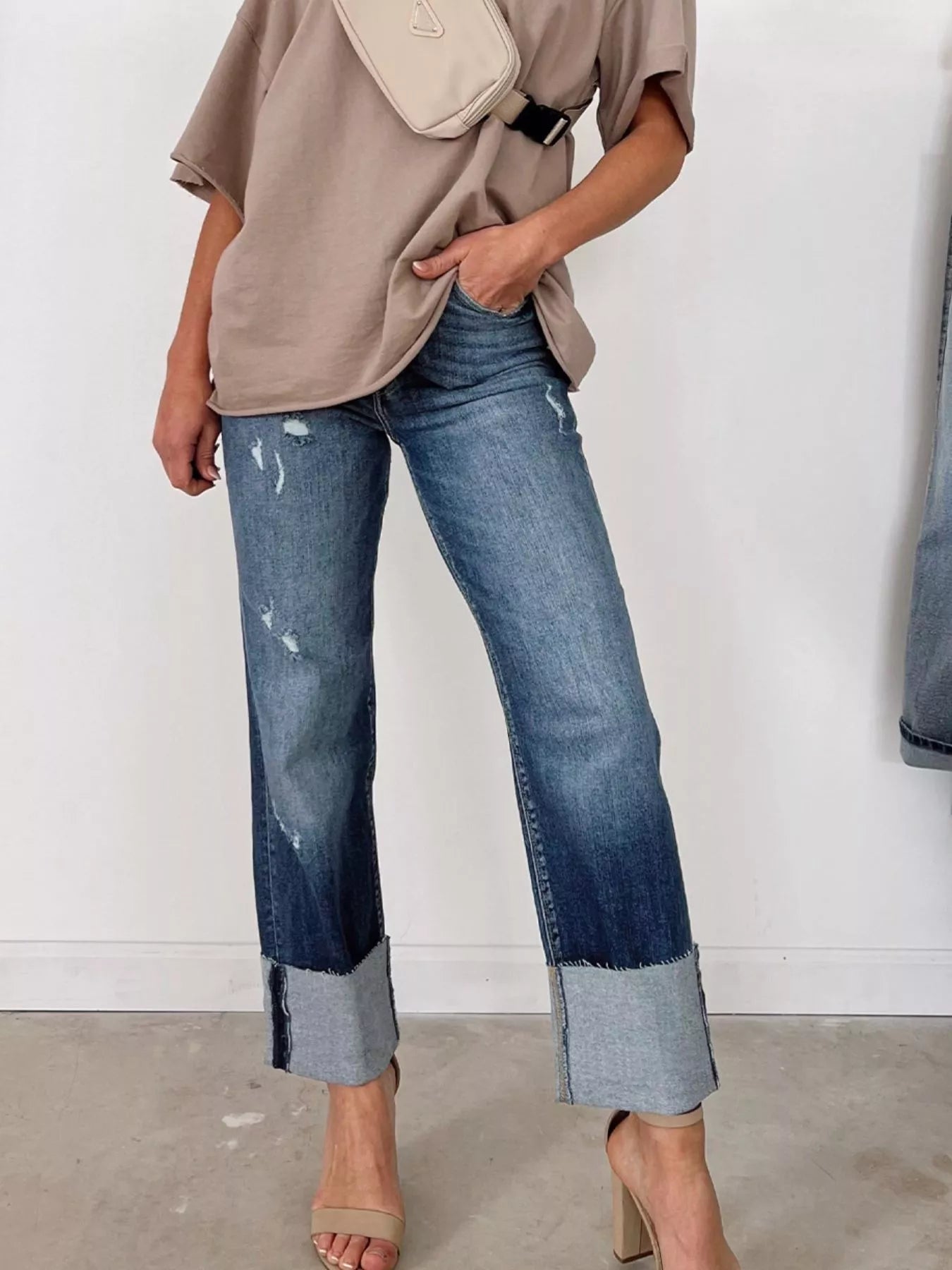 High Waist Distressed Straight Leg Jeans