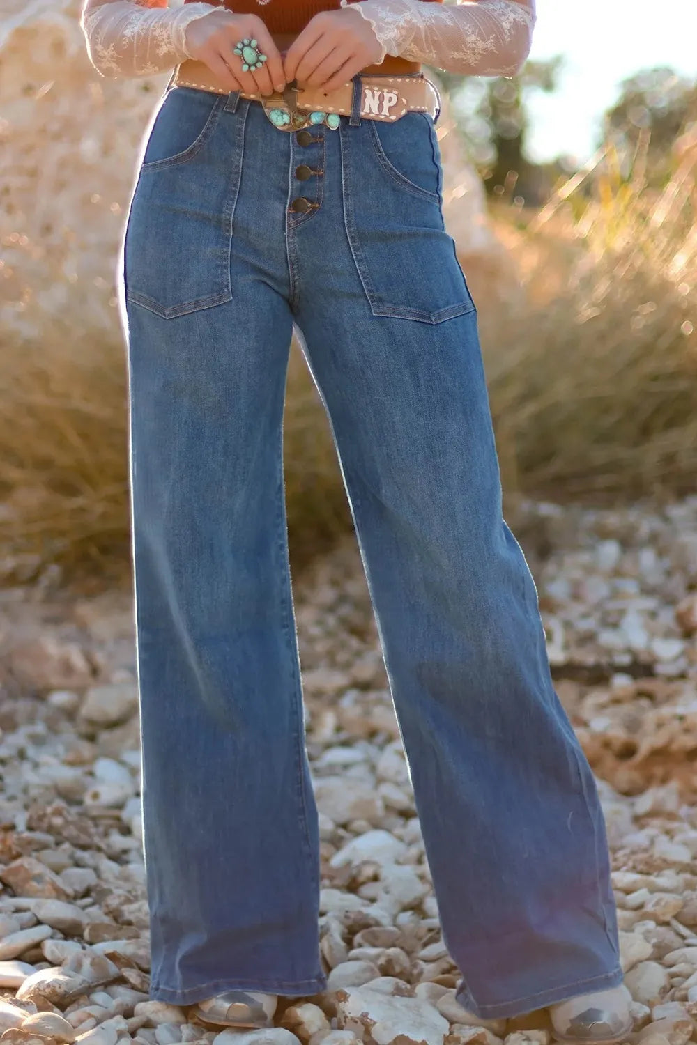 High-Waisted Wide-Leg Button-Front Jeans