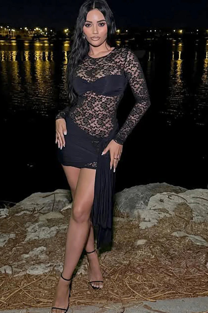 Sheer Lace Bandage Mini Dress