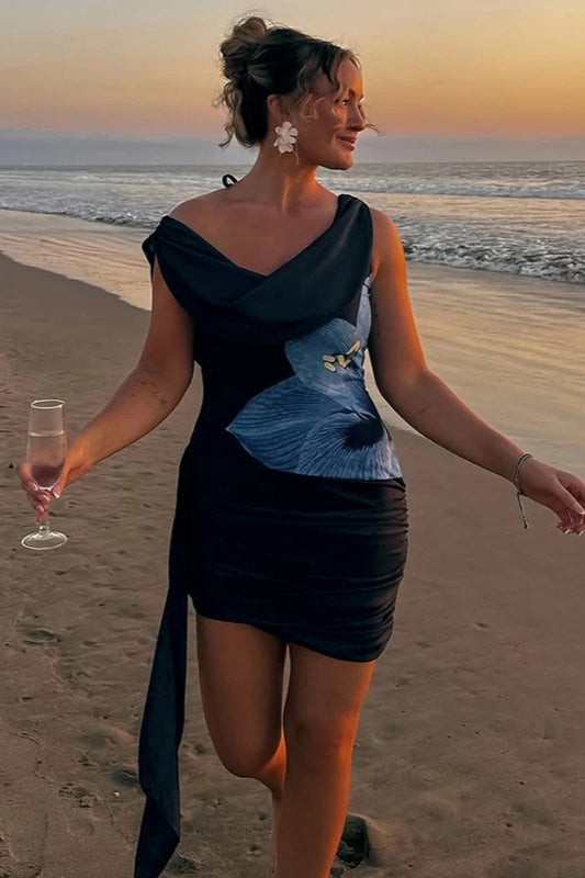 Tie Neck Printed Mini Dress