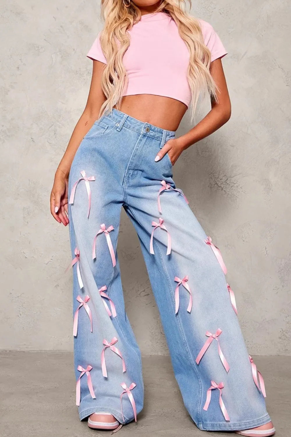 Bow Decorated Wide Leg Denim Jeans
