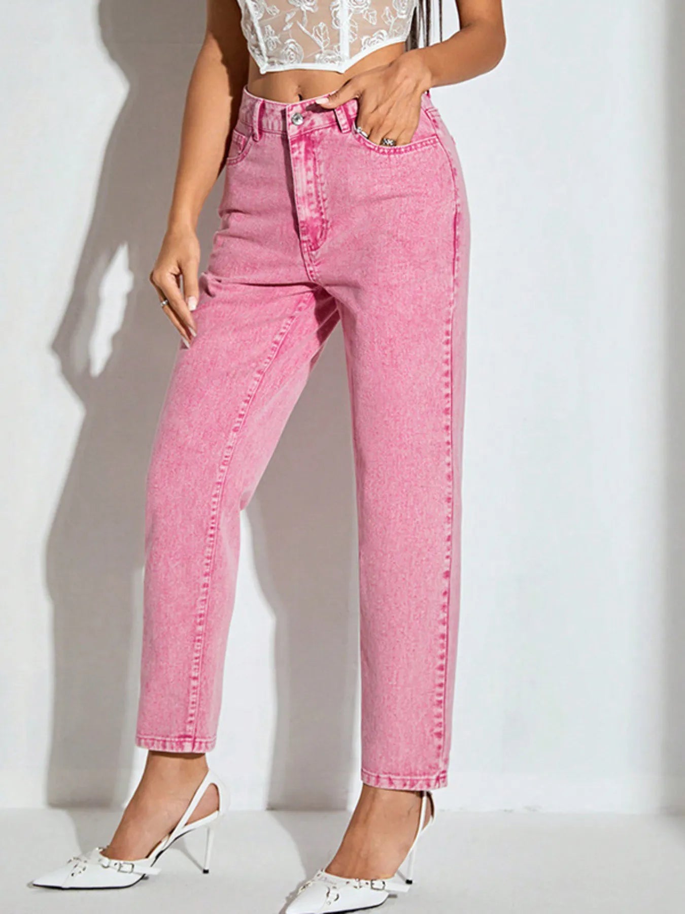 High-Waisted Wash Straight Leg Jeans