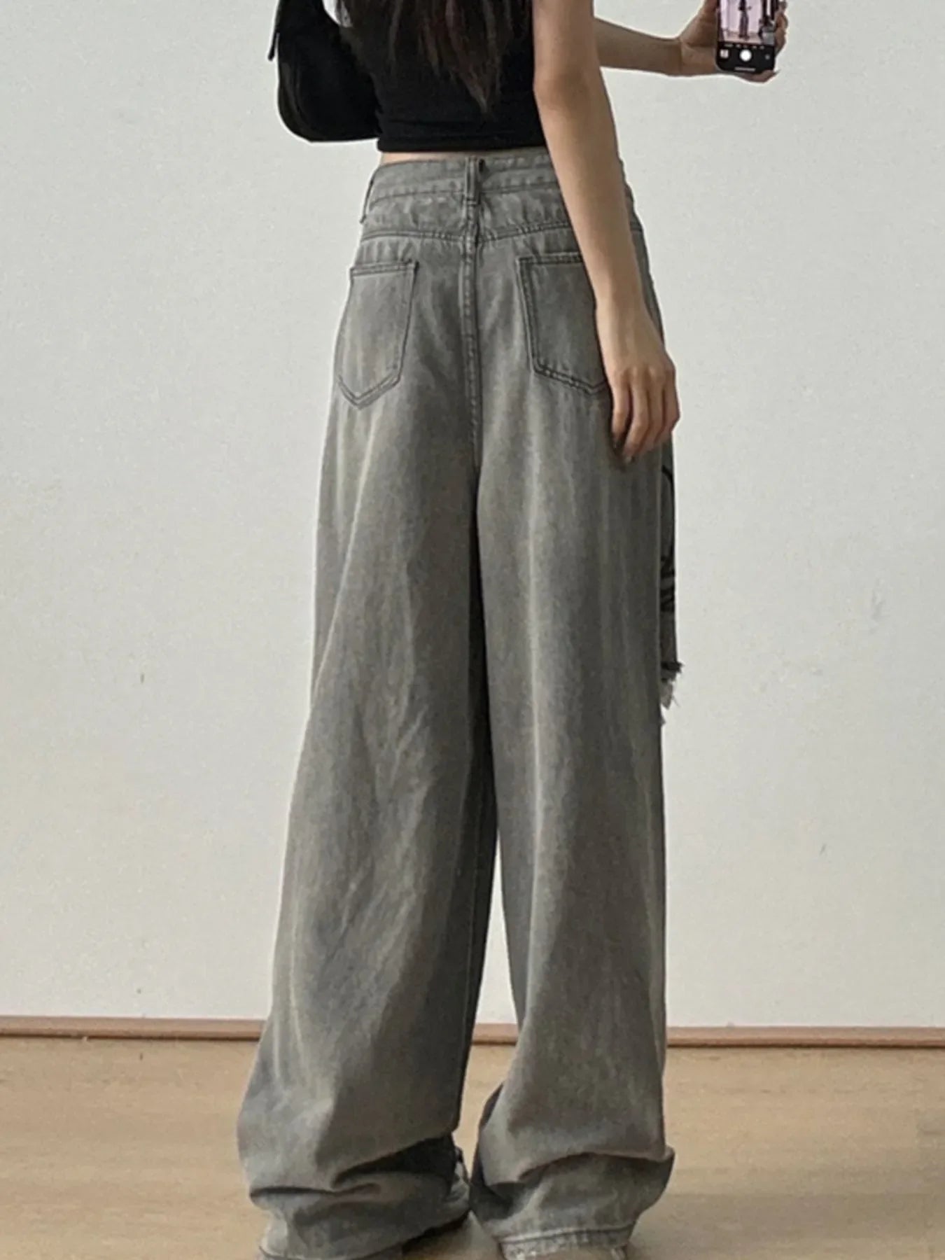 Printed Distressed Wide Leg Jeans