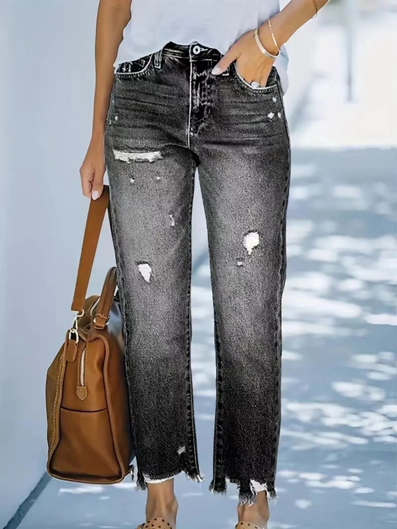 Distressed Straight Leg Jeans