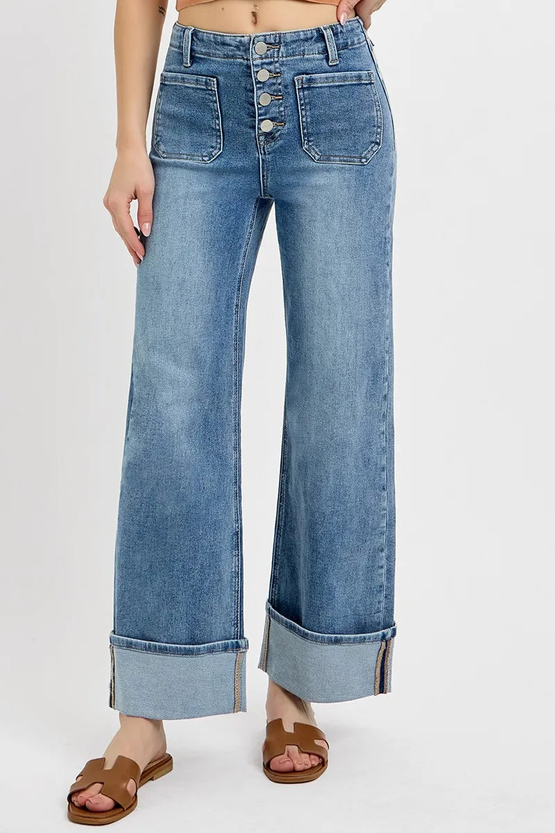 RISEN High Rise Ankle Wide Button Patch Pocket Cuffed Jeans