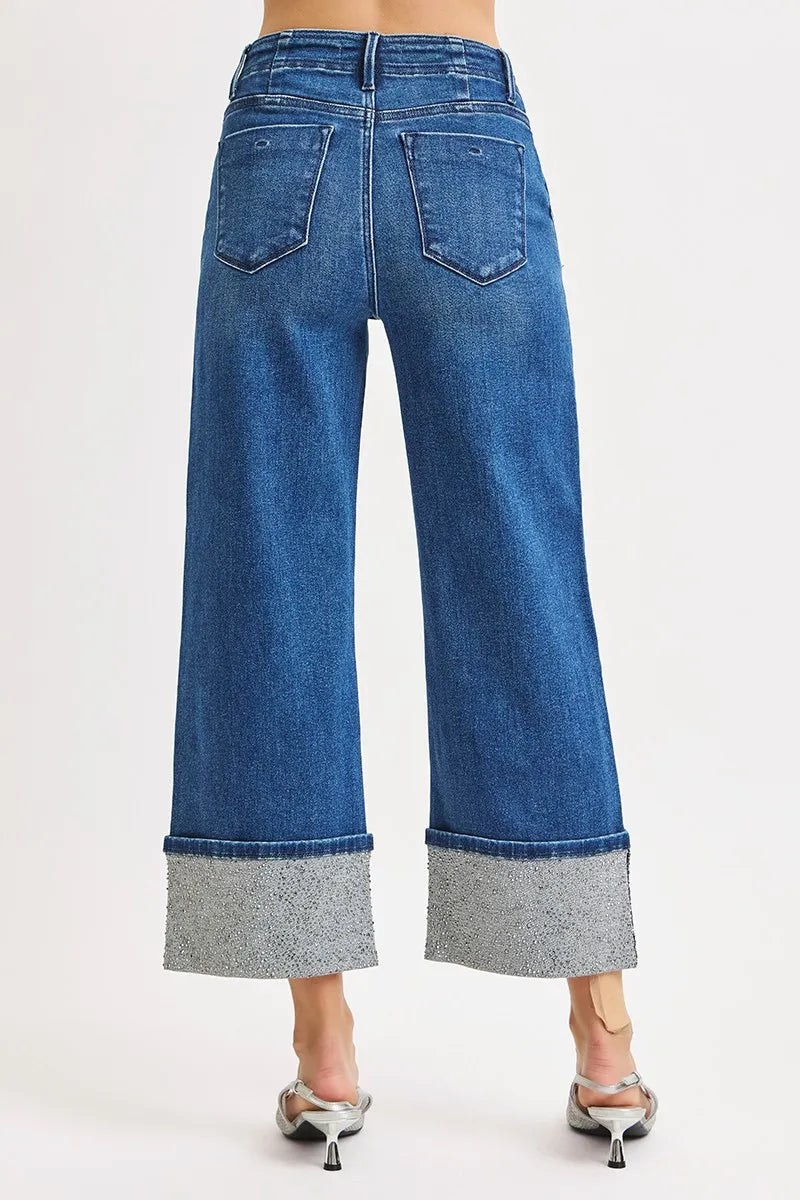 RISEN High Rise Ankle Wide Rhine Stone Cuffed Jeans