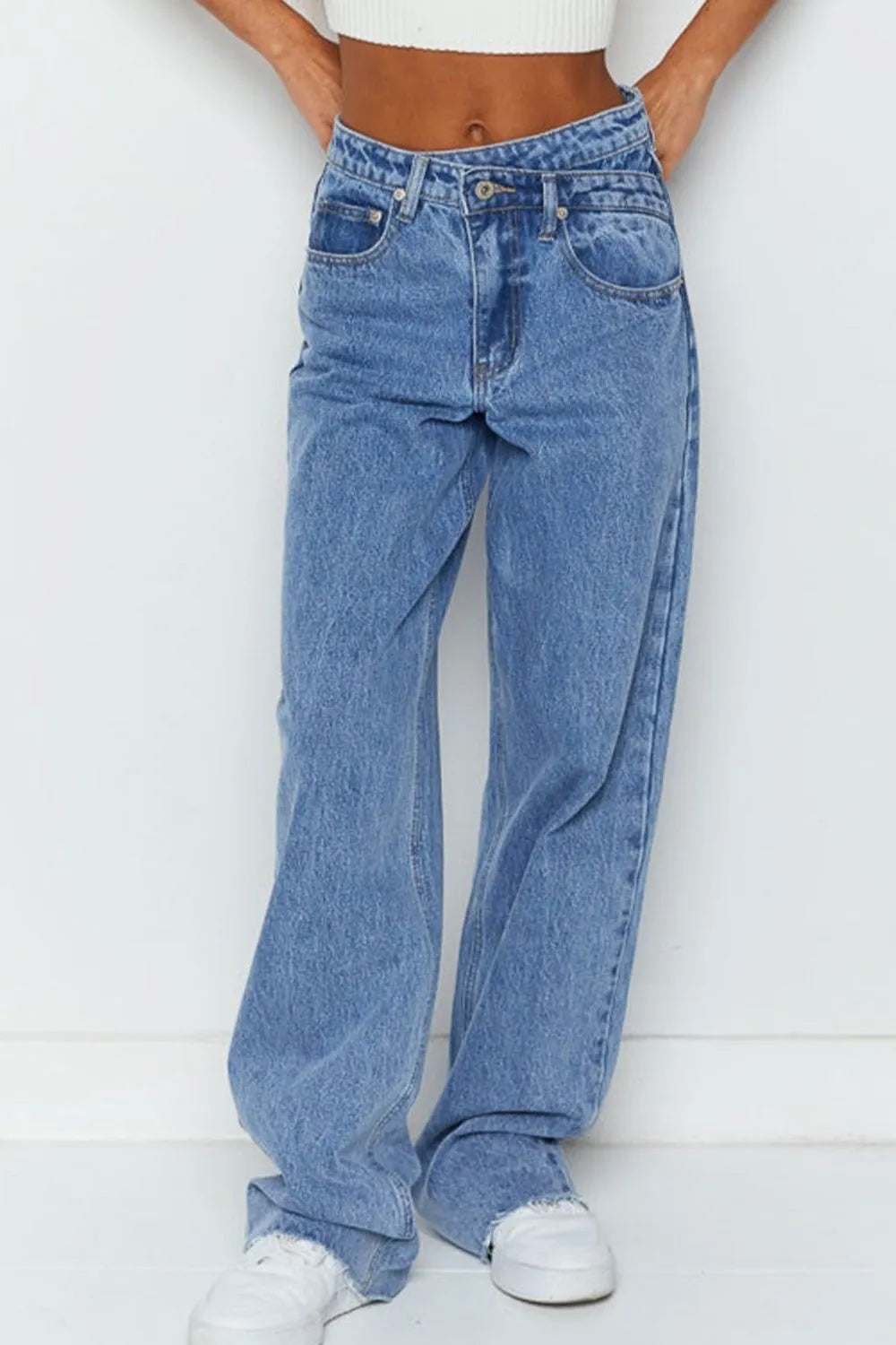 Mid Rise Asymmetrical Waist Wide Leg Jeans