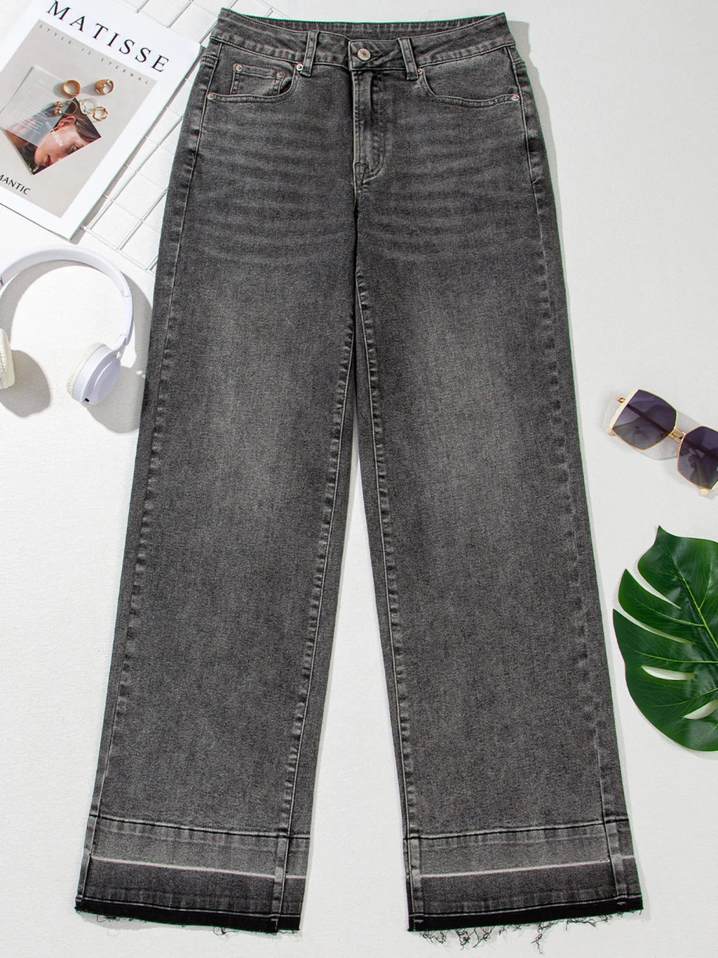 Raw Hem Unique Cuffs Straight High Rise Loose Jeans
