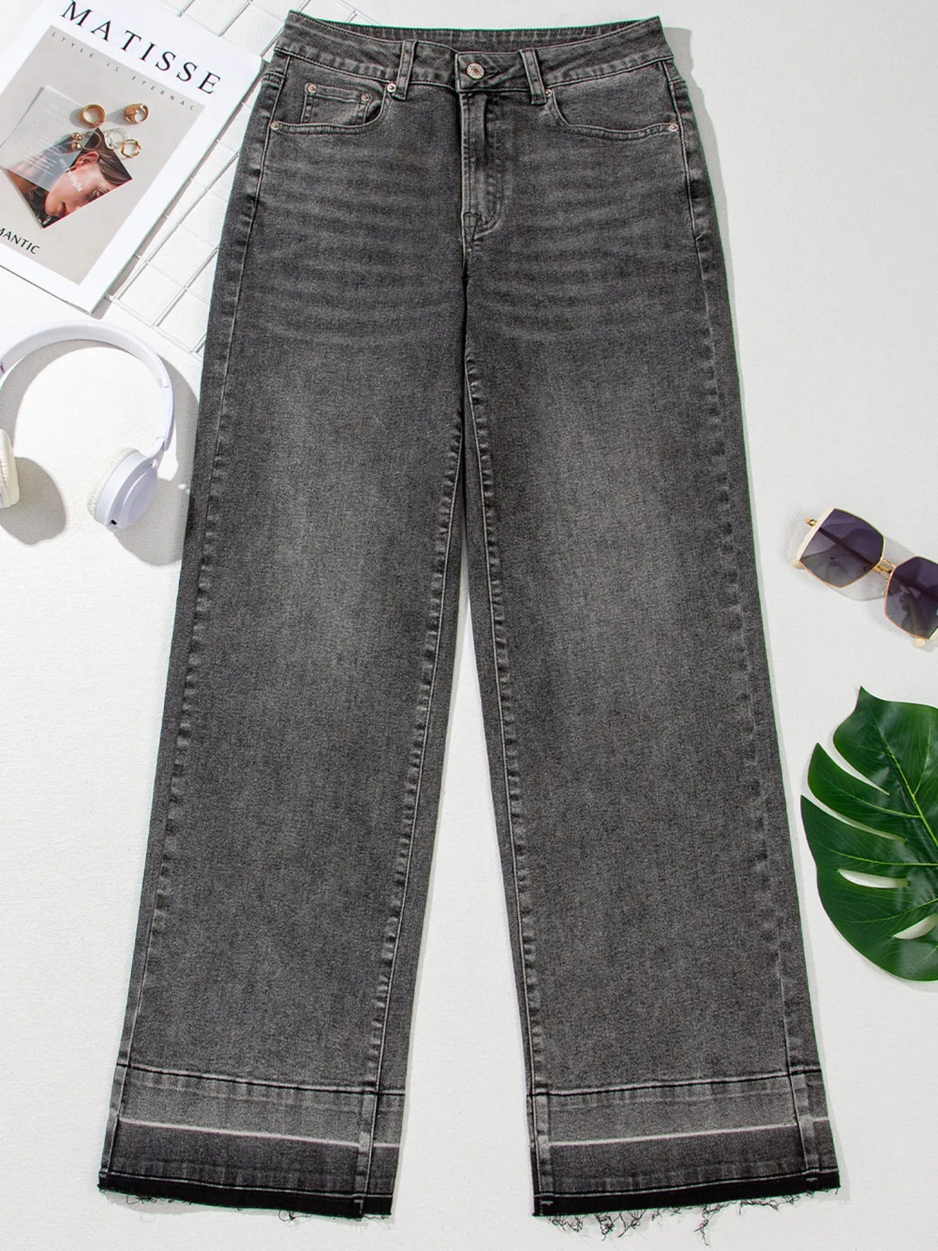 Raw Hem Unique Cuffs Straight High Rise Loose Jeans