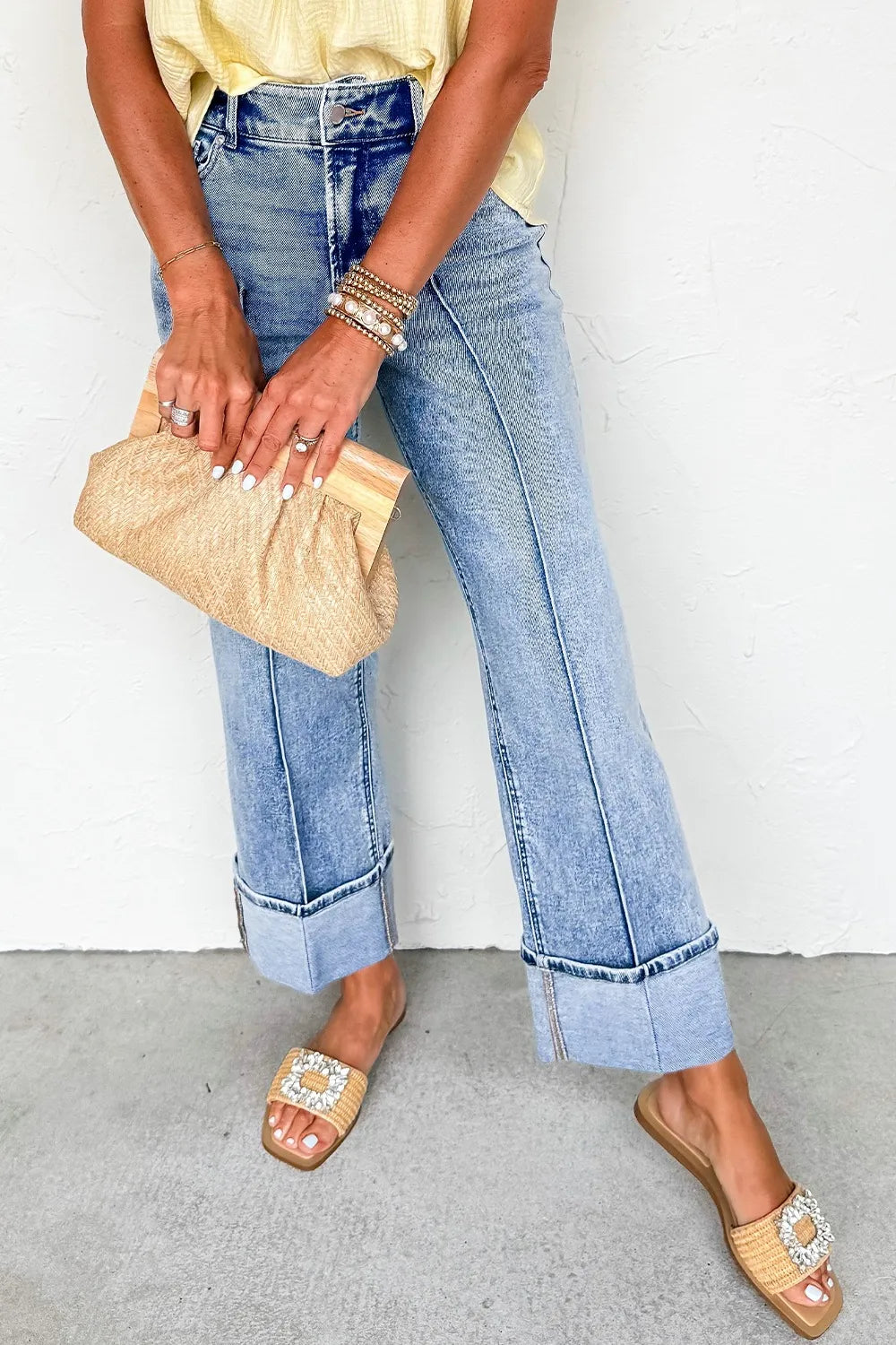 High-Waisted Wide-Leg Cuffed Jeans