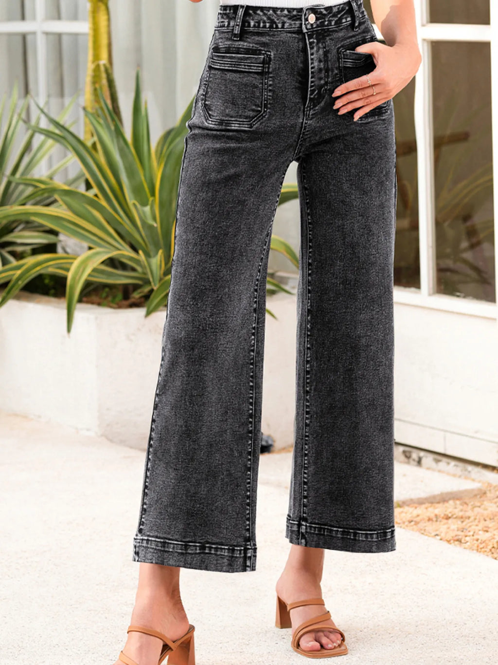 High-Waisted Wide Leg Washed Jeans