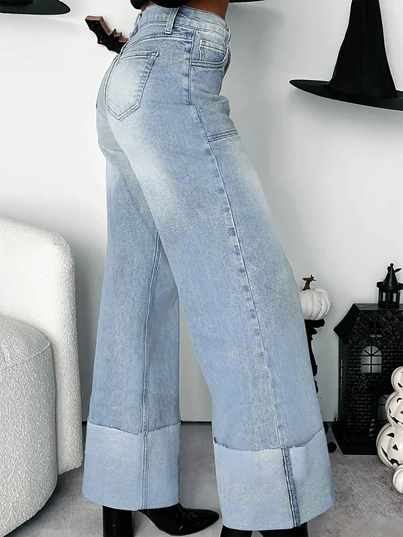 High-Waisted Wide-Leg Jeans with Cuffed Hem
