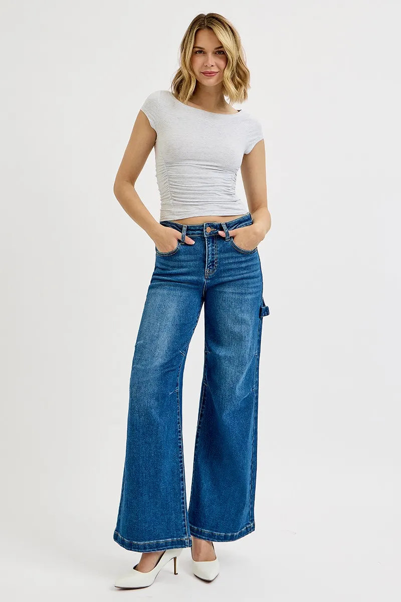 RISEN Full Size High Rise Wide Leg Patch Detailed Jeans Plus Size
