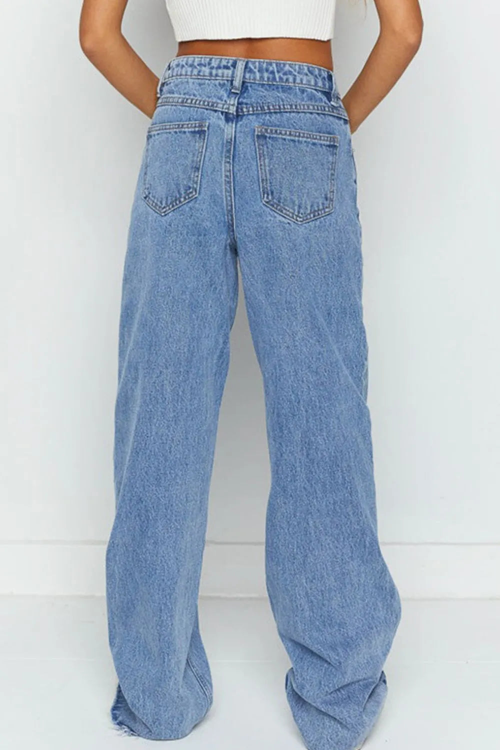 Mid Rise Asymmetrical Waist Wide Leg Jeans