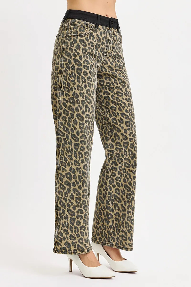 RISEN High Rise Wide Leg Leopard Printed Jeans with Contrast Waist Band Detail
