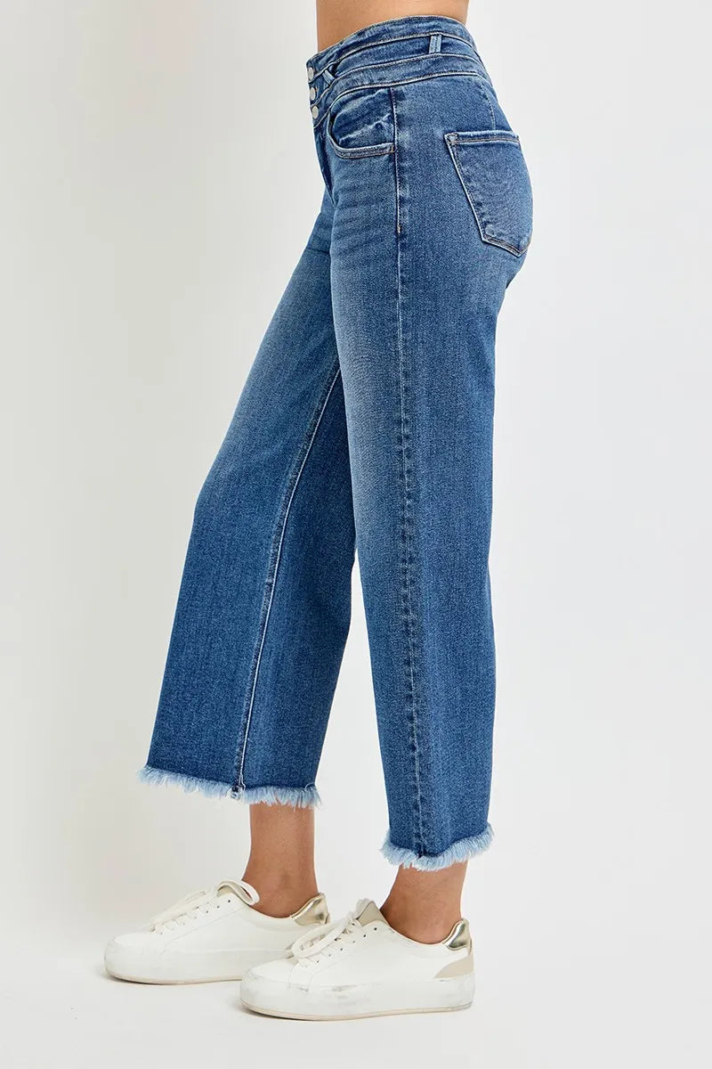 RISEN High Rise Crop Wide Leg Jeans with Wide Band Detail