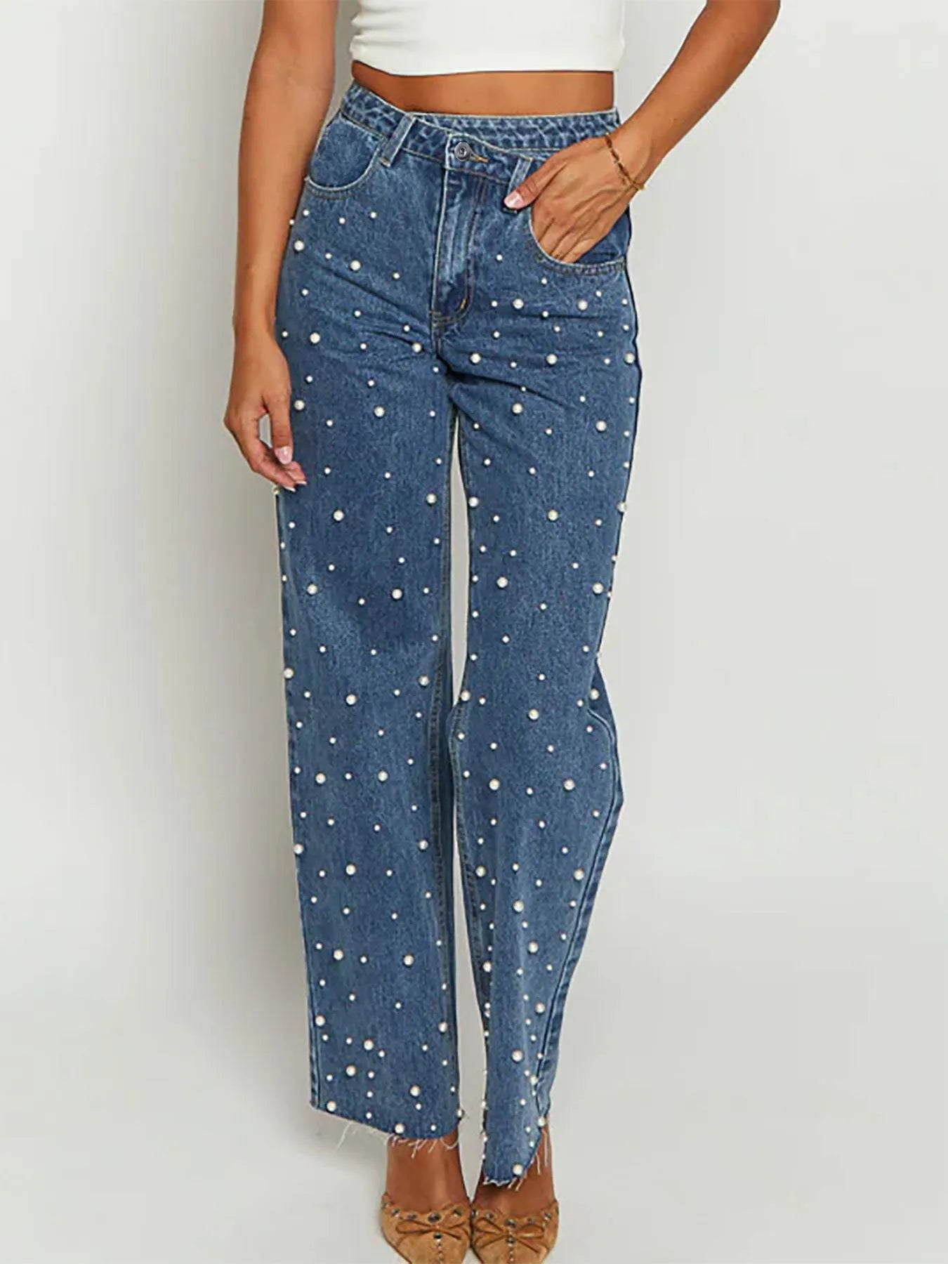 Pearl Embellished High Waist Straight Leg Jeans