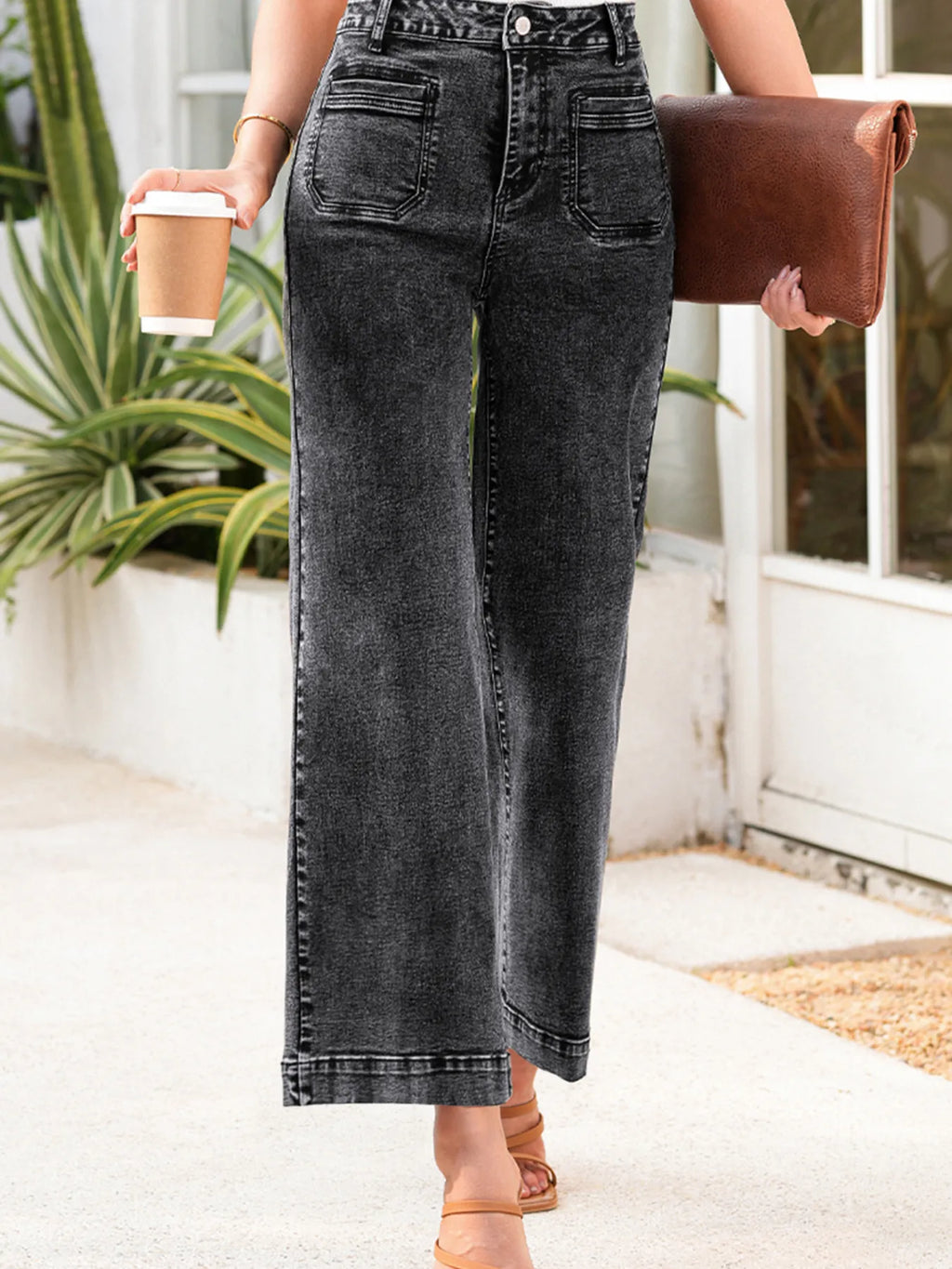 High-Waisted Wide Leg Washed Jeans