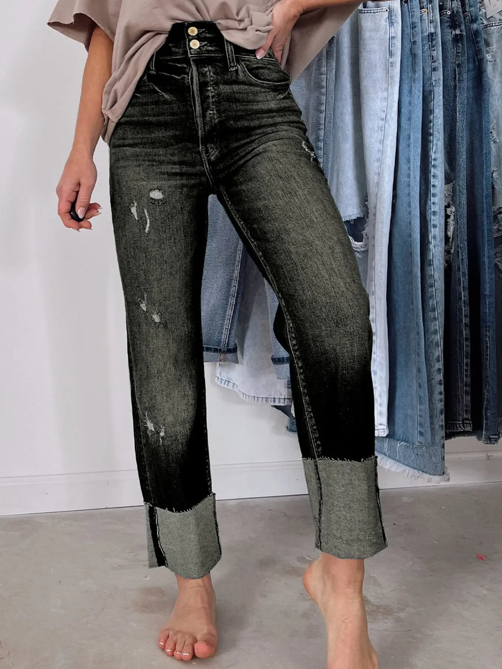 High Waist Distressed Straight Leg Jeans