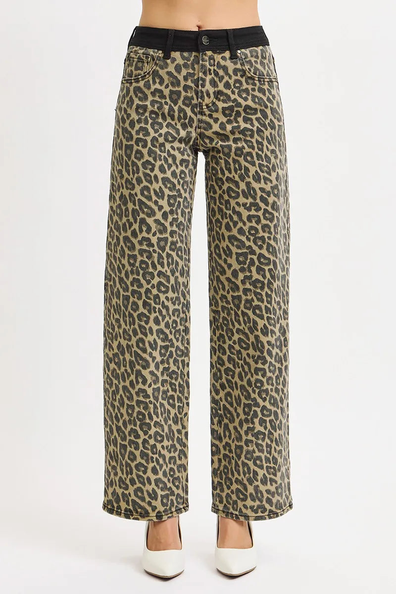 RISEN High Rise Wide Leg Leopard Printed Jeans with Contrast Waist Band Detail