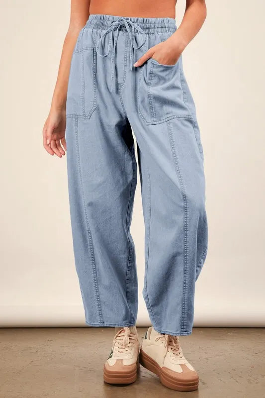 VERY J Washed Chambray Barrel Denim Pants