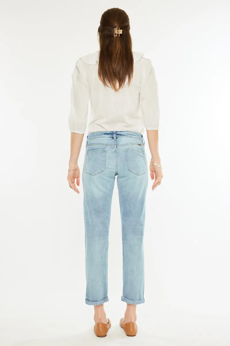 Kancan Mid Rise Distressed Boyfriend Fit Jeans