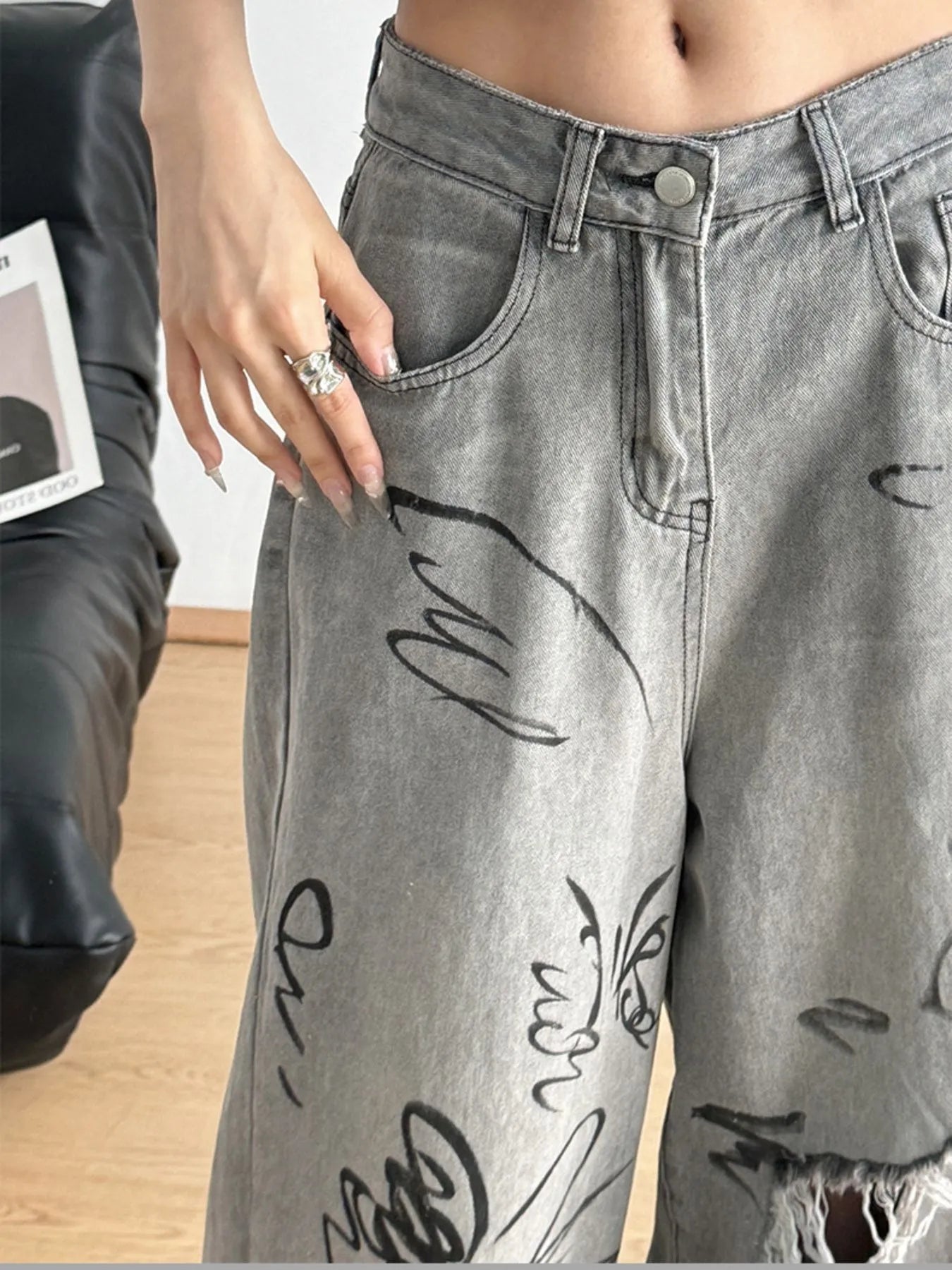 Printed Distressed Wide Leg Jeans