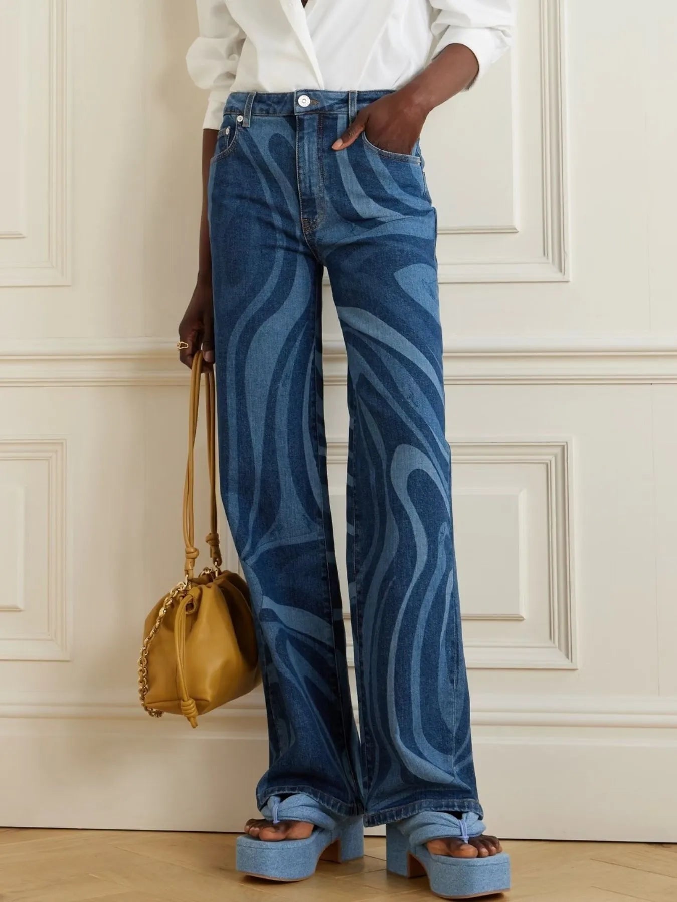 Water Ripples Print Wide Leg Jeans