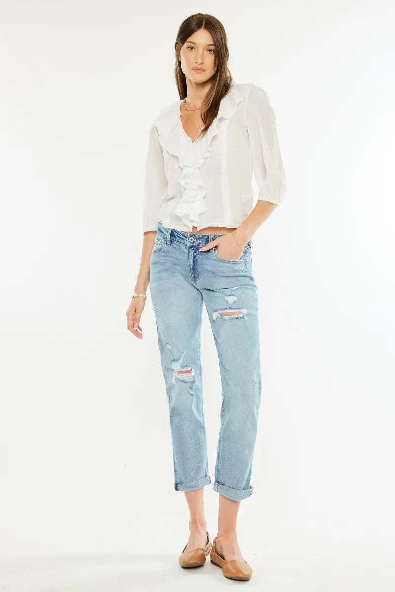 Kancan Mid Rise Distressed Boyfriend Fit Jeans