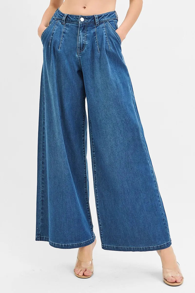 RISEN Mid Rise Fit Wide Leg Knit Denim Look Jeans