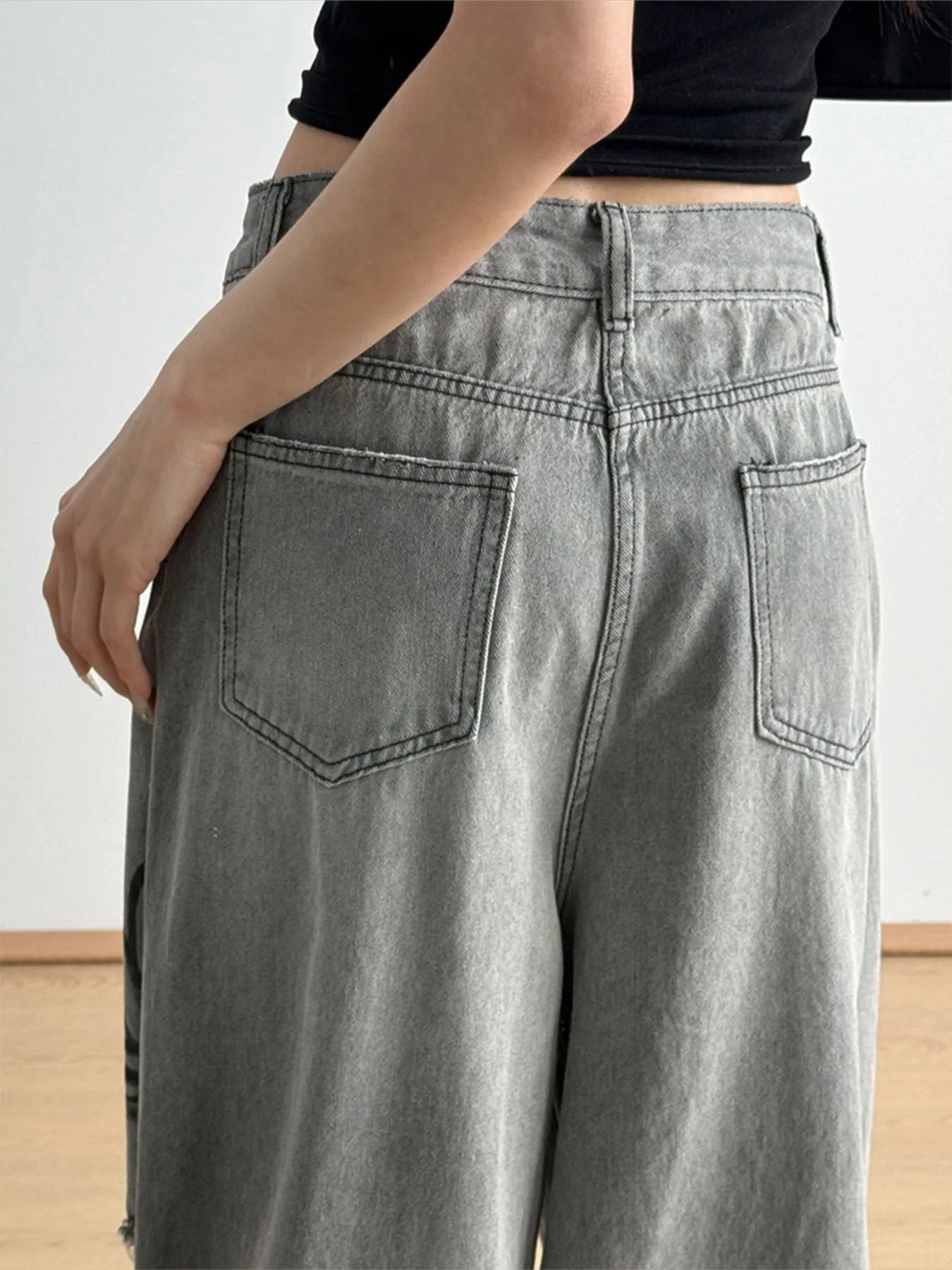 Printed Distressed Wide Leg Jeans