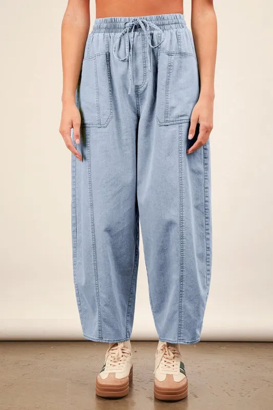VERY J Washed Chambray Barrel Denim Pants