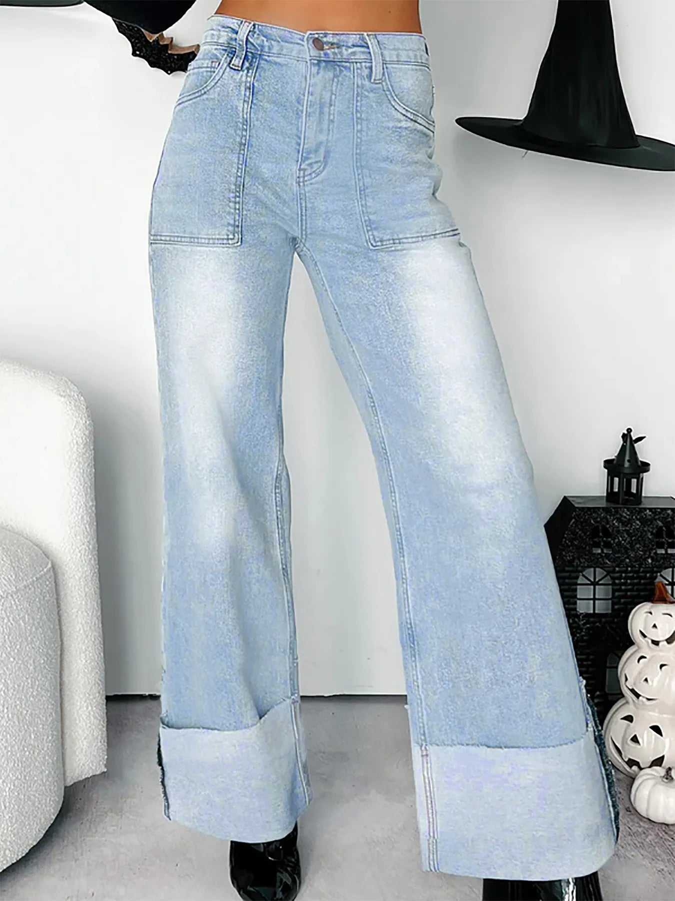 High-Waisted Wide-Leg Jeans with Cuffed Hem