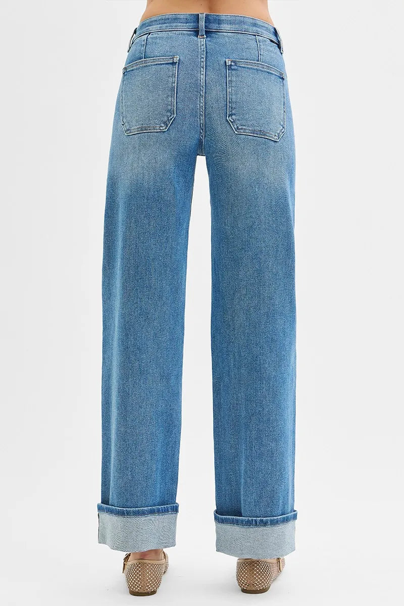 RISEN Full Size Elastic Band Mid Rise Wide Front Patch Pocket Cuff Jeans Plus Size